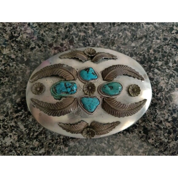 Vtg Native American Turquoise Nuggets Silver ~4x3" Belt Buckle Signed J Quirino - Picture 1 of 5